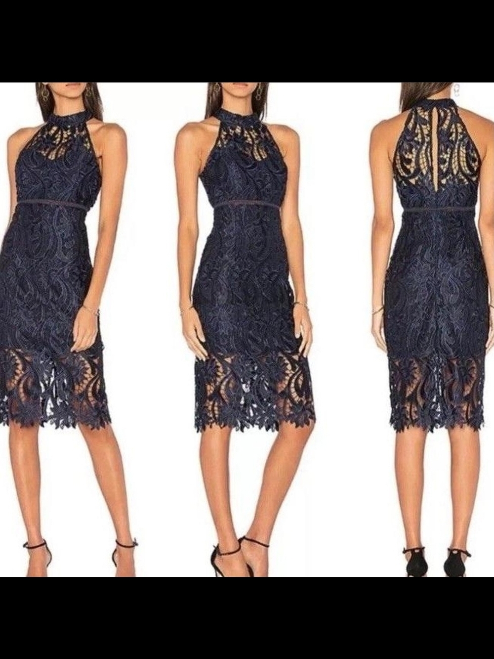 Bardot Dress 8 Womens Black Gemma Halter Floral Lace Overlay Midi Bodycon Sheath